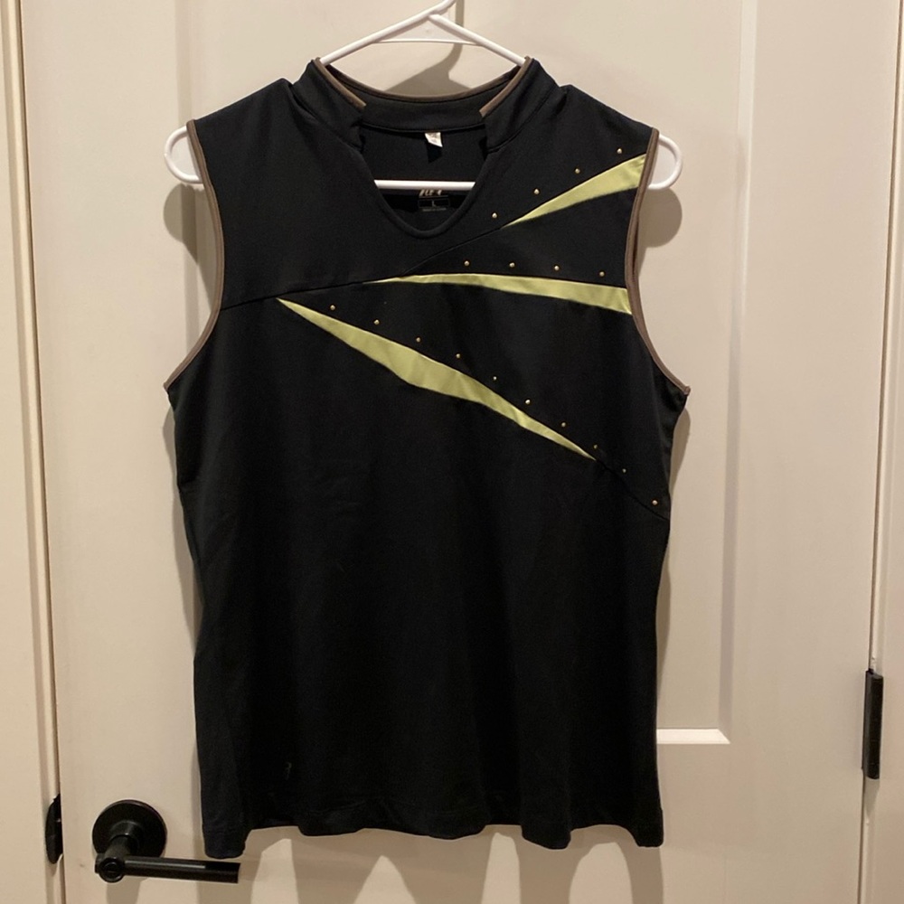 Tail Women’s Tank. Size Large. Black w/Green Stripes and Brown Trim.